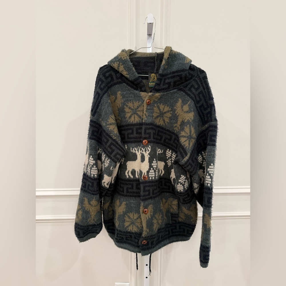 Vintage Tejidos Ruminahui Hooded Cardigan Sweater Reindeer Snowflake Pattern
